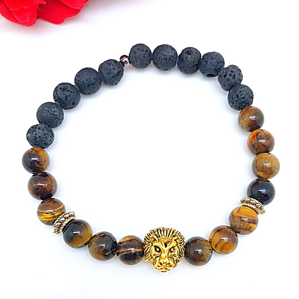 COPY - Gold Lions Head on Tigers Eye & Lava Rock …